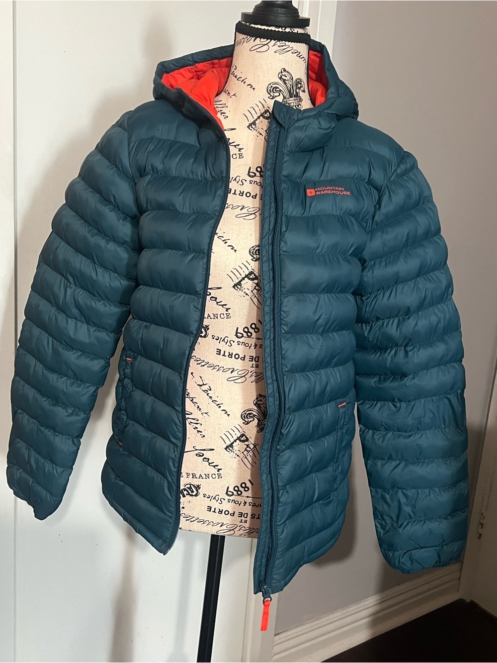 Teal Hooded Puffer Jacket with Reddish Orange Lining